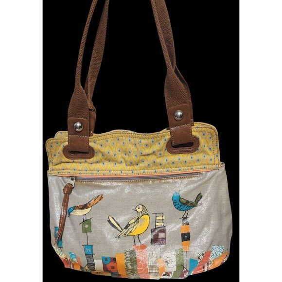 Fossil Coated Canvas Key-Per Bird Shoulder Bag Brown Canvas Handles W/Fossil Key - Picture 3 of 12